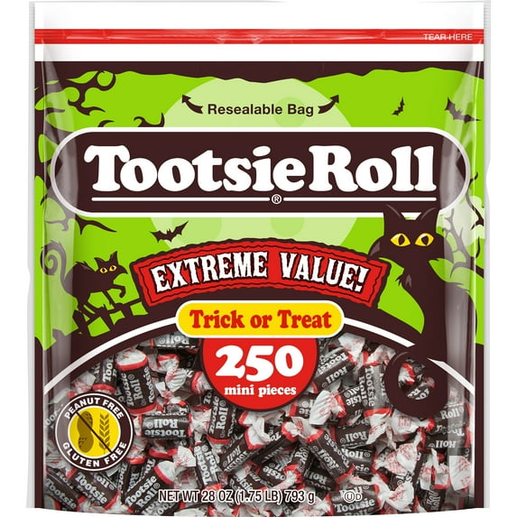 Tootsie Roll Midgees, Chewy Halloween Candy, Individually Wrapped, 28 oz. Bag, 250 Piece Count. Peanut Free, Gluten Free. Contains Milk and Soy.