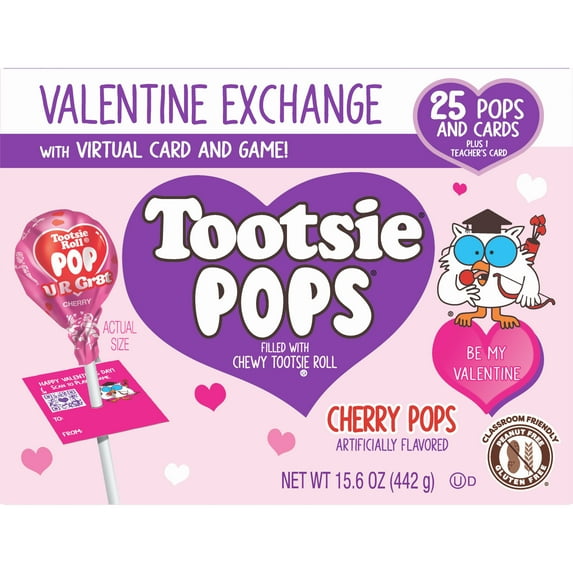 Tootsie Pop, Valentine Exchange 25 Count Box, 15.6 oz. Peanut Free, Gluten Free. Contains Milk and Soy.