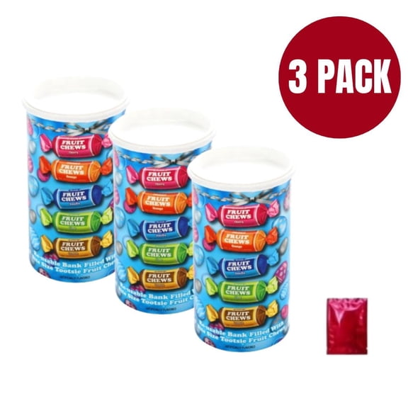 Tootsie Roll Reusable Bank Filled with Fruit Chews (3 Pack Bundle) Assorted Fruity Flavors with Reusable Piggy Bank and Bonus LaPrima Morceau Bonbon