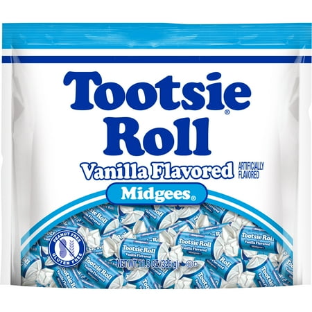 Tootsie Roll Vanilla Midgees 11.5 oz. Peanut Free Gluten-Free. Contains Milk and Soy.