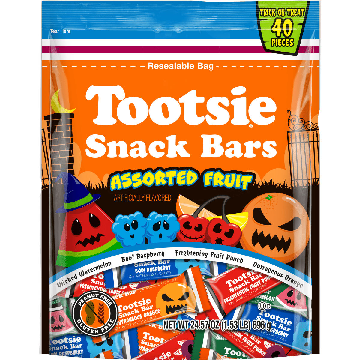 Tootsie Roll, Snack Bars, Assorted Fruit Flavors, 24.5 oz, 40 Piece Bag. Gluten Free, Peanut Free. Contains Milk and Soy.