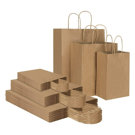 Toovip 90 Pack Plain Brown Kraft Paper Bags Handles Bulk, Multiple 3 Assorted Sizes Gift Bags for Favors Grocery Retail Party Birthday Shopping Business Goody Craft Merchandise Take Out Sacks A101