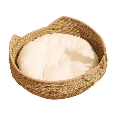 Tooyful Cat Bed Basket Cat Scratch Mat Summer with Removable Cushion Grind Claws Pet Supplies Sleeping Bed Nest House for Kitten Puppy Small Dogs Khaki 34cm