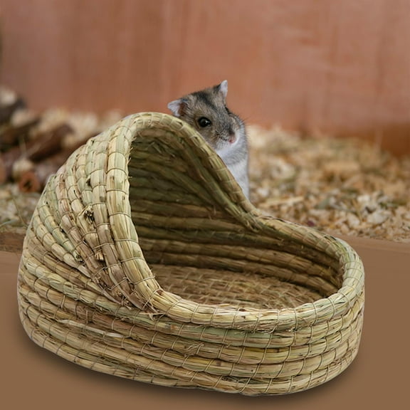 Tooyful Hand Woven Straw Hamster Nest Chew Toy Cage Breathable Hut Rabbit Bed for Mice Chinchillas Hedgehog Rats Pet Accessories 27cmx18cm