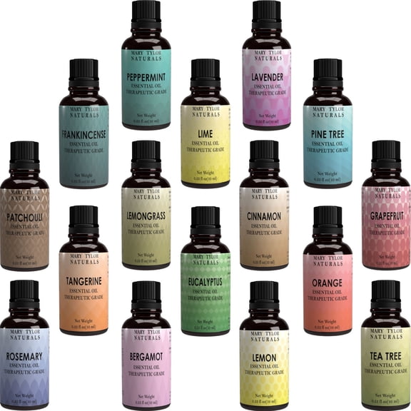 Top 16 Essential Oil Set, 16 Glass Bottles / 10 ml each, Lavender Peppermint Lemon Orange Lemongrass Rosemary Eucalyptus Tea Tree Mandarin Lime Frankincense Patchouli Pine Tree