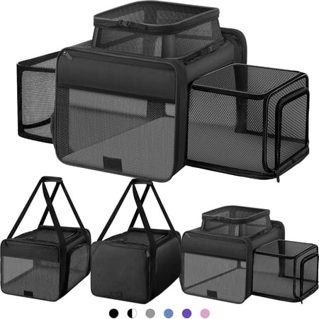 Top and 2 Sides Expandable Cat Carrier 18x11x11, TSA Airline Approved Dog Carriers for Small Dogs, Soft-Sided Pet Carrier with Self-Locking Zippers for Kitten,Rabbit, Puppy, Guinea Pig Black