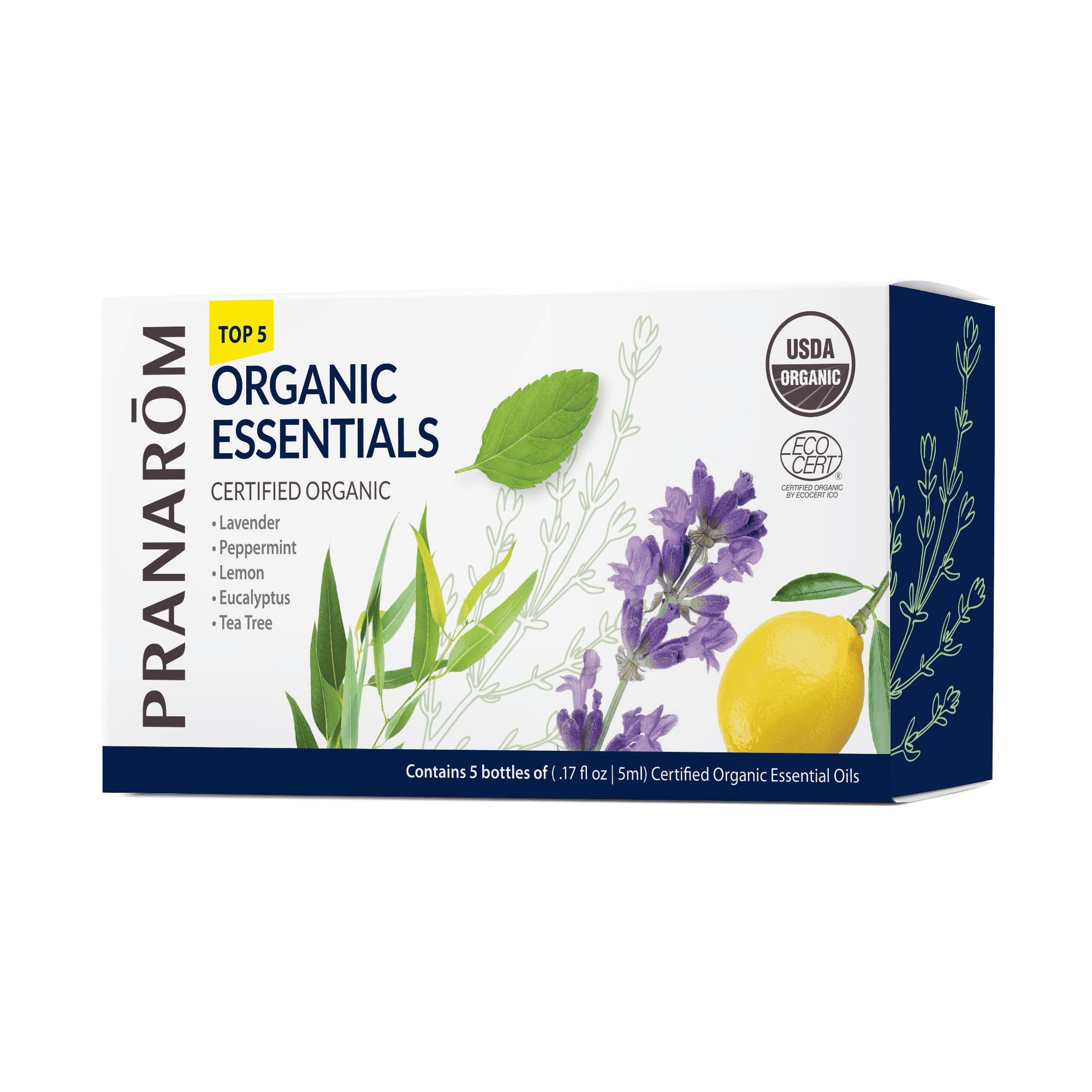 Pranarom - Top 5 Essential Oil Kit (5-Pack of 5ml) - Lavender, Peppermint, Tea Tree, Eucalyptus, and Lemongrass - 100% Pure Essential Oil | USDA and ECOCERT Certified Organic