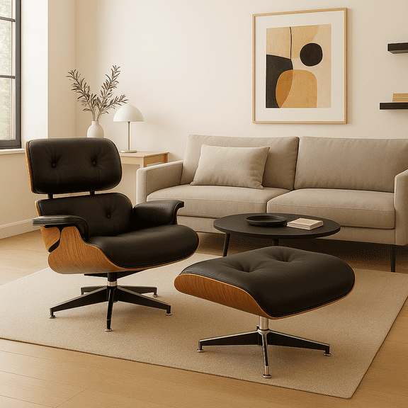 Top Black Grain Leather, Mid Century Chaise Lounge Chair and Ottoman, Modern Classic Design,Swivel Accent Chair, Reading Chair,Heavy Duty Base Support for Living Room Study Office, Walnut