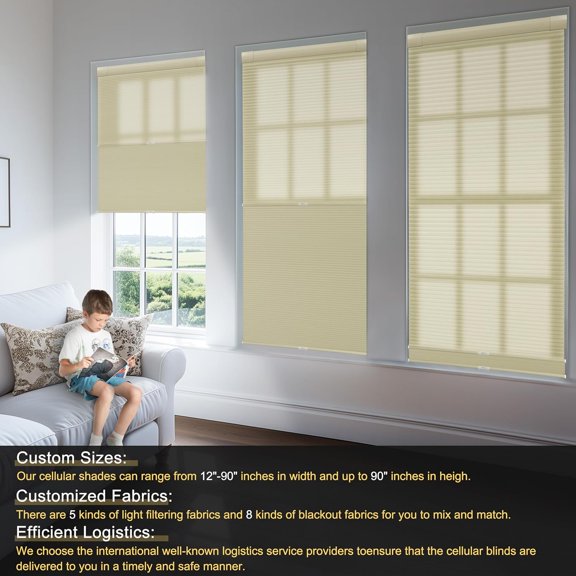 Top Down Bottom Up Day Night Cellular Blinds Cordless,No Tools No Drill Blinds for Windows,Blackout/Light Filtering Double Honeycomb Shades Dual Shades.Beige.42 W x 80" H