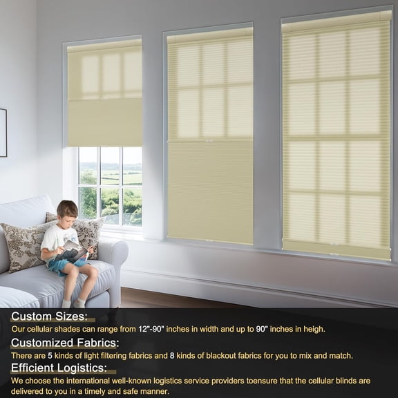 Top Down Bottom Up Day Night Cellular Blinds Cordless,No Tools No Drill Blinds for Windows,Blackout/Light Filtering Double Honeycomb Shades Dual Shades.Beige.68 W x 48" H