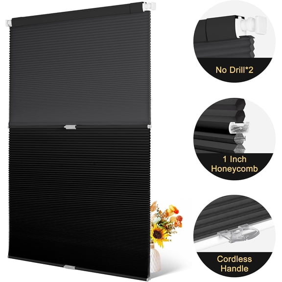 Top Down Bottom Up Day Night Cellular Blinds Cordless,No Tools No Drill Blinds for Windows,Blackout/Light Filtering Double Honeycomb Shades Dual Shades.Black.42 W x 72" H