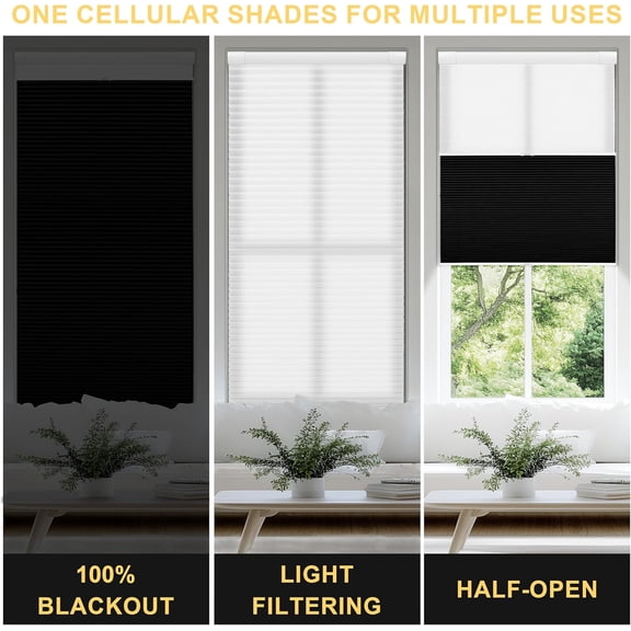 Top Down Bottom Up Day Night Cellular Blinds Cordless,No Tools No Drill Blinds for Windows,Blackout/Light Filtering Double Honeycomb Shades Dual Shades.White&Black.26" W x 48" H