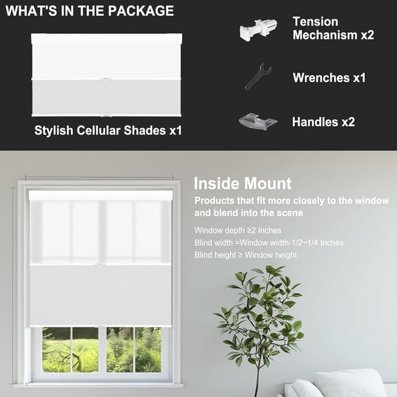 Top Down Bottom Up Day Night Cellular Blinds Cordless,No Tools No Drill Blinds for Windows,Blackout/Light Filtering Double Honeycomb Shades Dual Shades.White&Black.23" W x 72" H