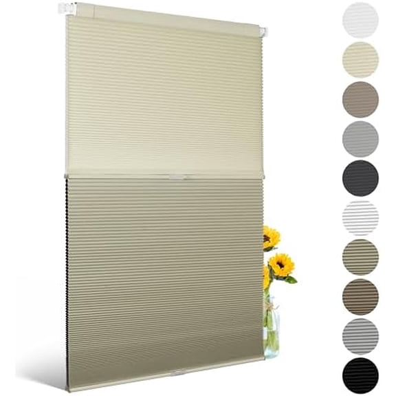 Top Down Bottom Up Day Night No Drill Cellular Blinds Cordless, Honeycomb Shades for Windows, Window Blinds for Home Office,Easy to Install,60" W x 36" H(Light FilteringBlackout Beige)