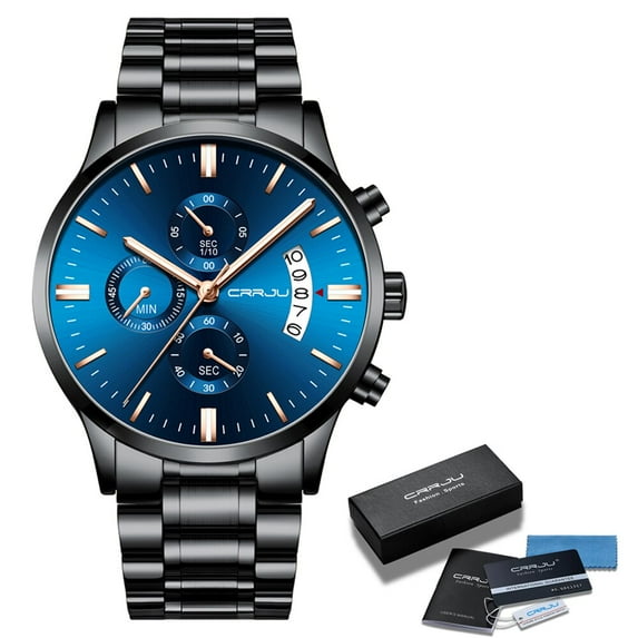 Top Brand CRRJU Men Watches Fashion Blue Stainless Steel Waterproof Sport Watch Men Quartz Clock Male Chronograph Reloj Hombre