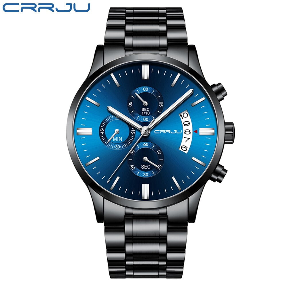 Top Brand CRRJU Men Watches Fashion Blue Stainless Steel Waterproof