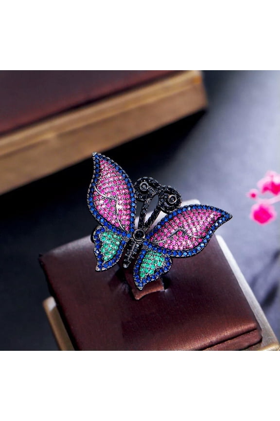 Top CZ Adjustable Big Butterfly Finger Ring Black Gold Plated Banquet Jewellery