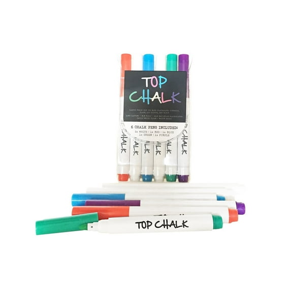 Top Chalk - Professional Liquid Chalk Ink Marker Pens - 6 Pack Fine-Tip (Blue, Green, Purple, Red and 2 x White)