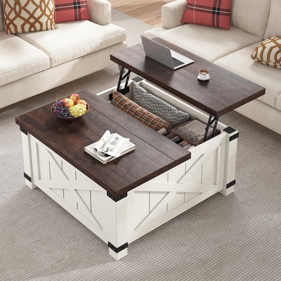 Top Coffee Table With Storage, Rustic White Farmhouse Square Table, 35.7 W