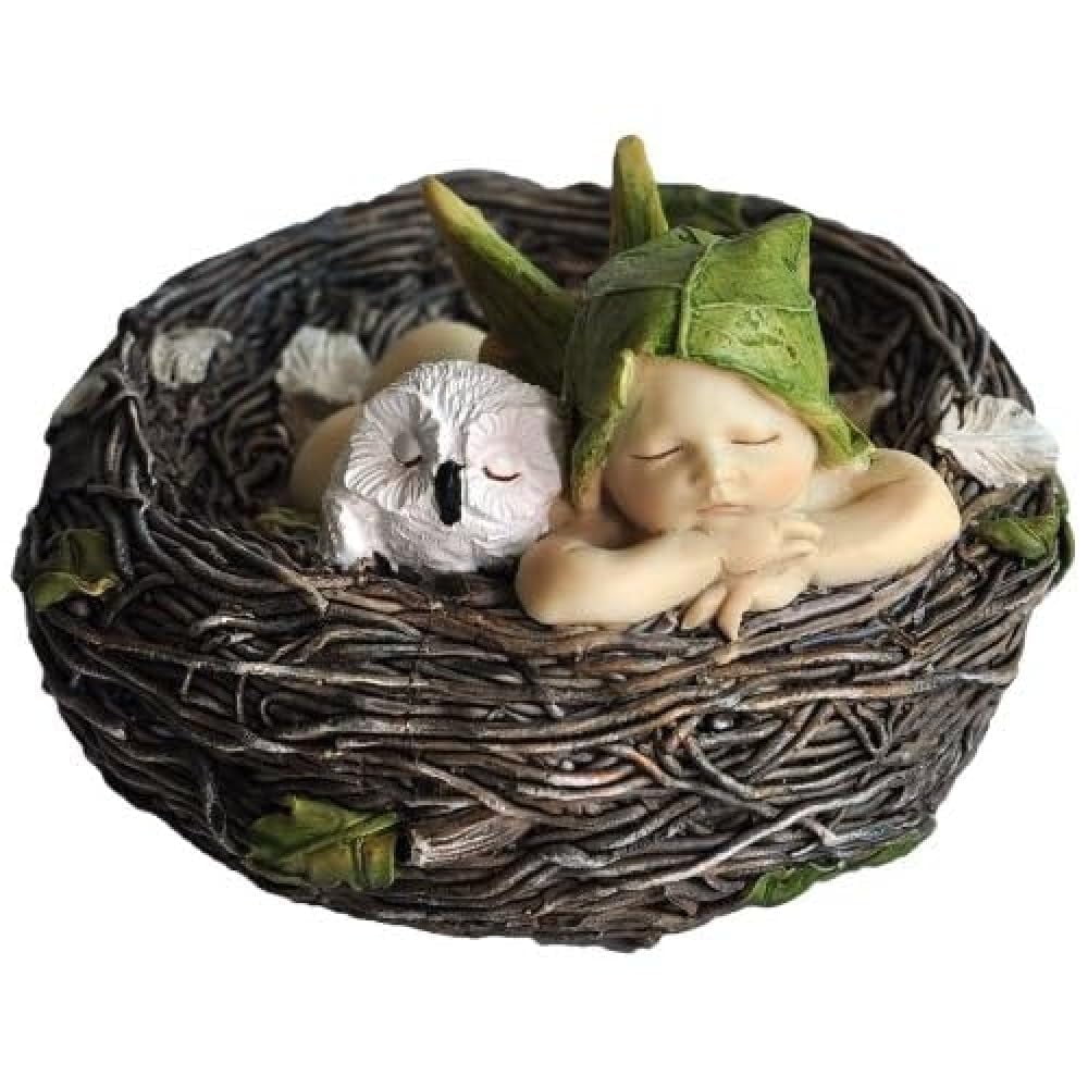 Hand-Painted Resin Sleeping Fairy Baby with Owl in Nest Figurine