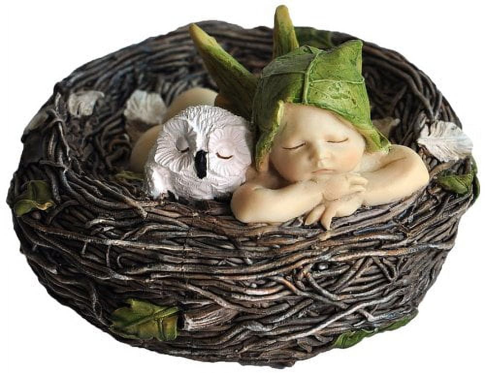 Hand-Painted Resin Sleeping Fairy Baby with Owl in Nest Figurine