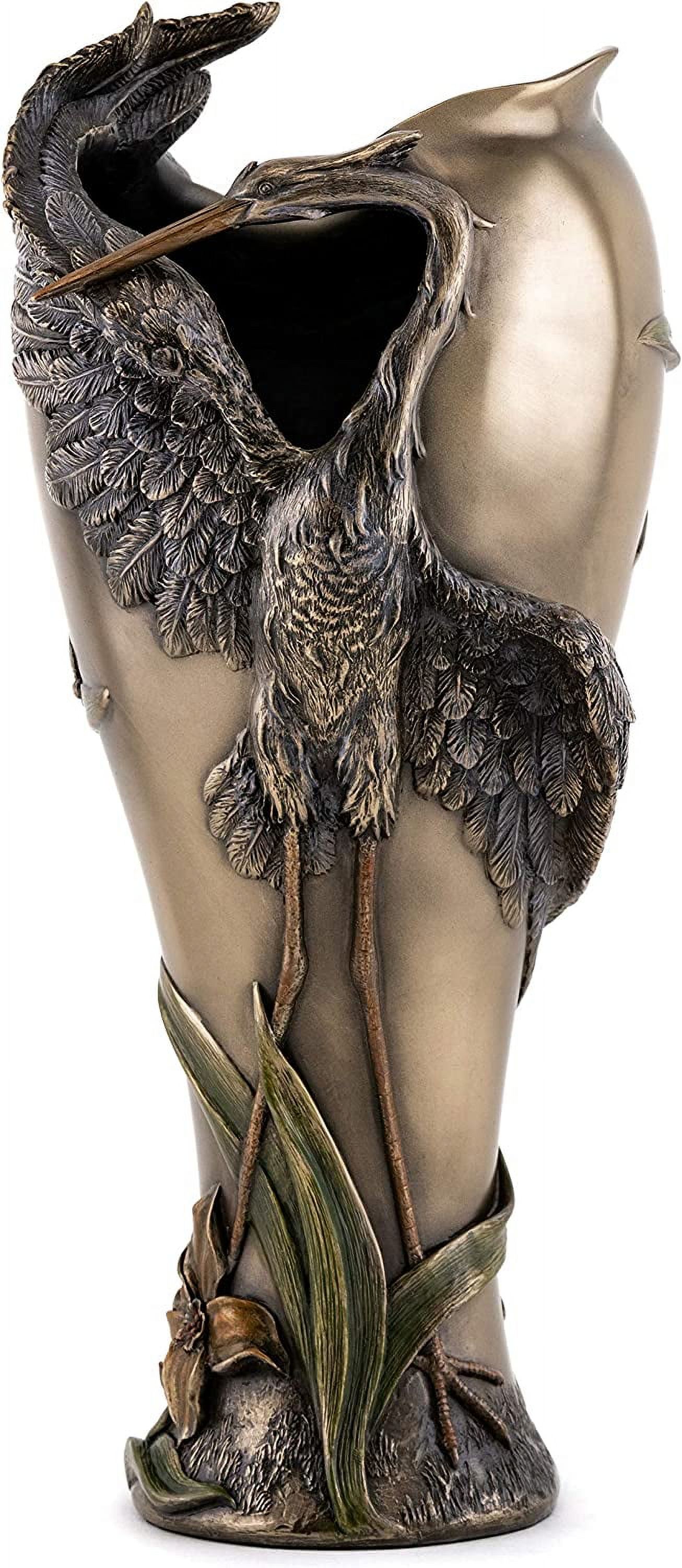 Art Nouveau Style Vase - Cranes & Dragonfly Cold Cast Bronze Pitcher, 13.25" Decorative
