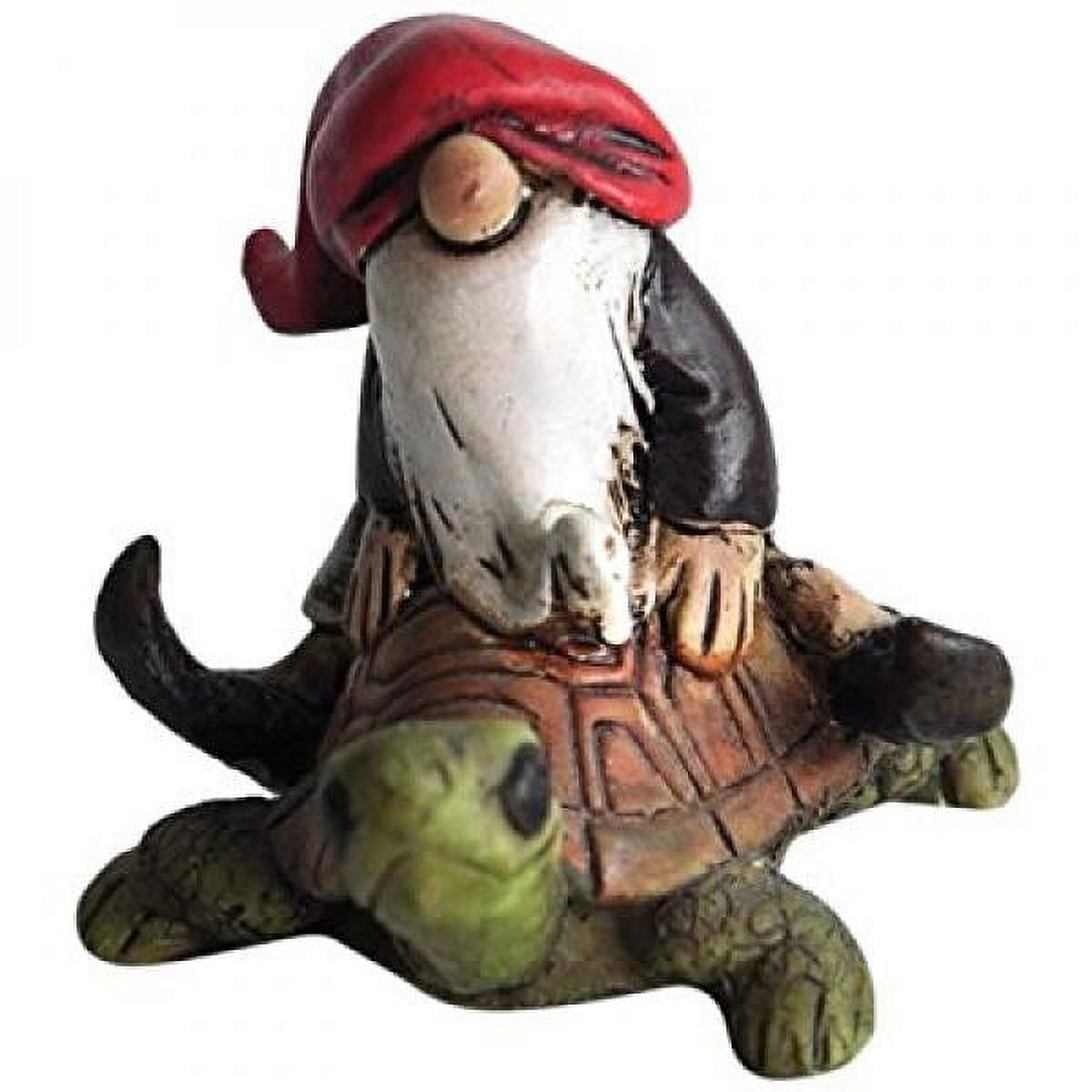 Miniature Red and Green Resin Gnome Riding Turtle Statue