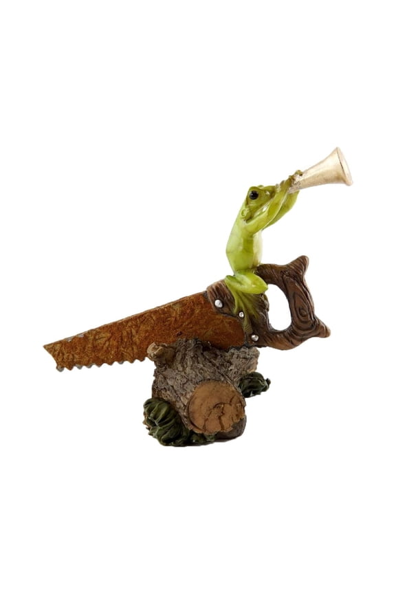 Top Collection Miniature Garden Frog Statues (Frog Playing Horn on Rustic Handsaw)