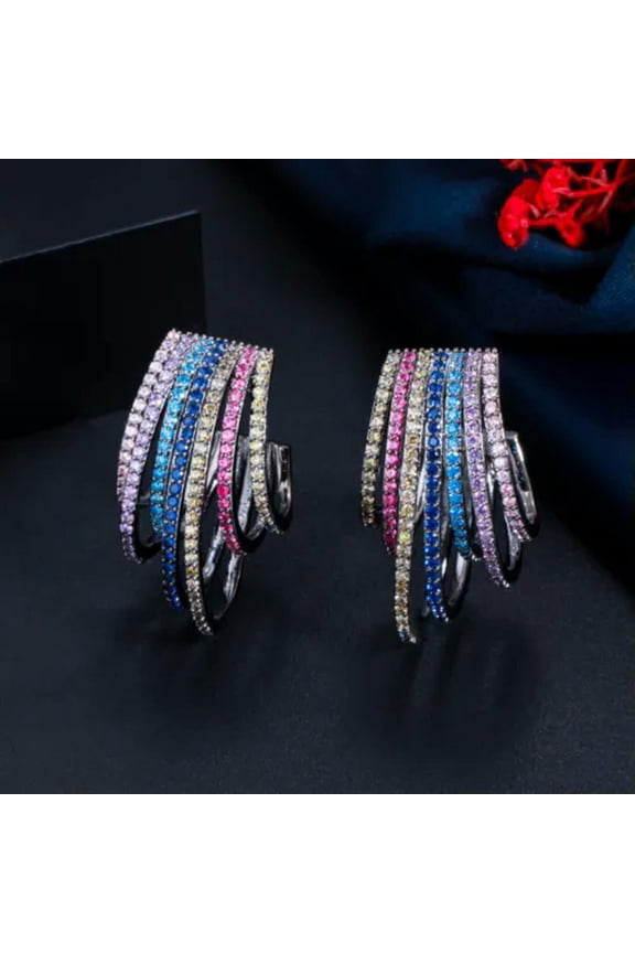 Top Colorful Rainbow Cubic Zirconia Big Round Hoop Earrings Black Gold Jewelry