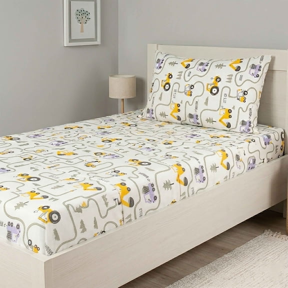 Top Cotton 2 Piece Twin Sheet Set, 100% Cotton Sheets with Deep Pockets, Kids Twin Fitted Sheet & Pillow Case, Breathable & Crisp Percale Weave (Tractor)
