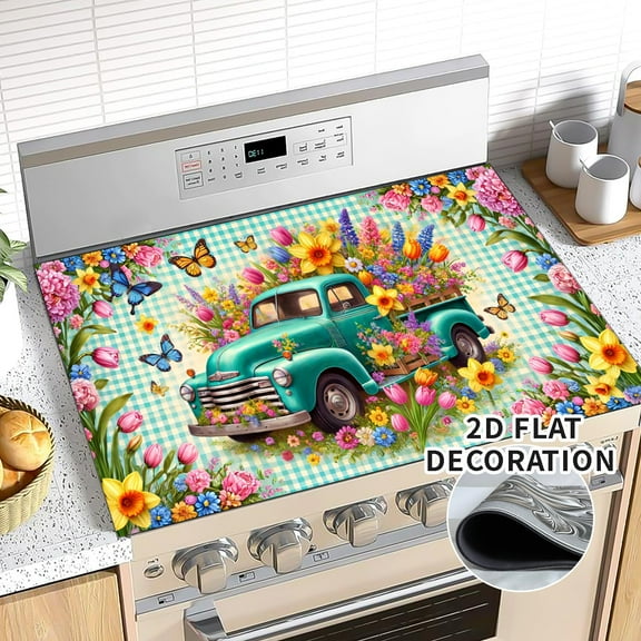 Top Cover for Electric Stove 28 "x 20 ", Blue and white checkered floral Resistant Glass Top Stove Cover Protector, Glass Cooktop Covers, Kitchen Flat Electric Stove Top Covers