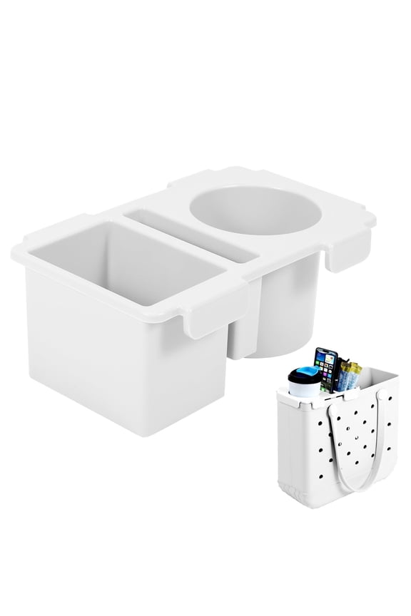 Tray Topper with Cup Holder for Bogg Bag Medium Tote - Phone Holder & Drink Holder Fits for Stanley 40oz - Beach Bag Top Organizer Storage Lid (White)