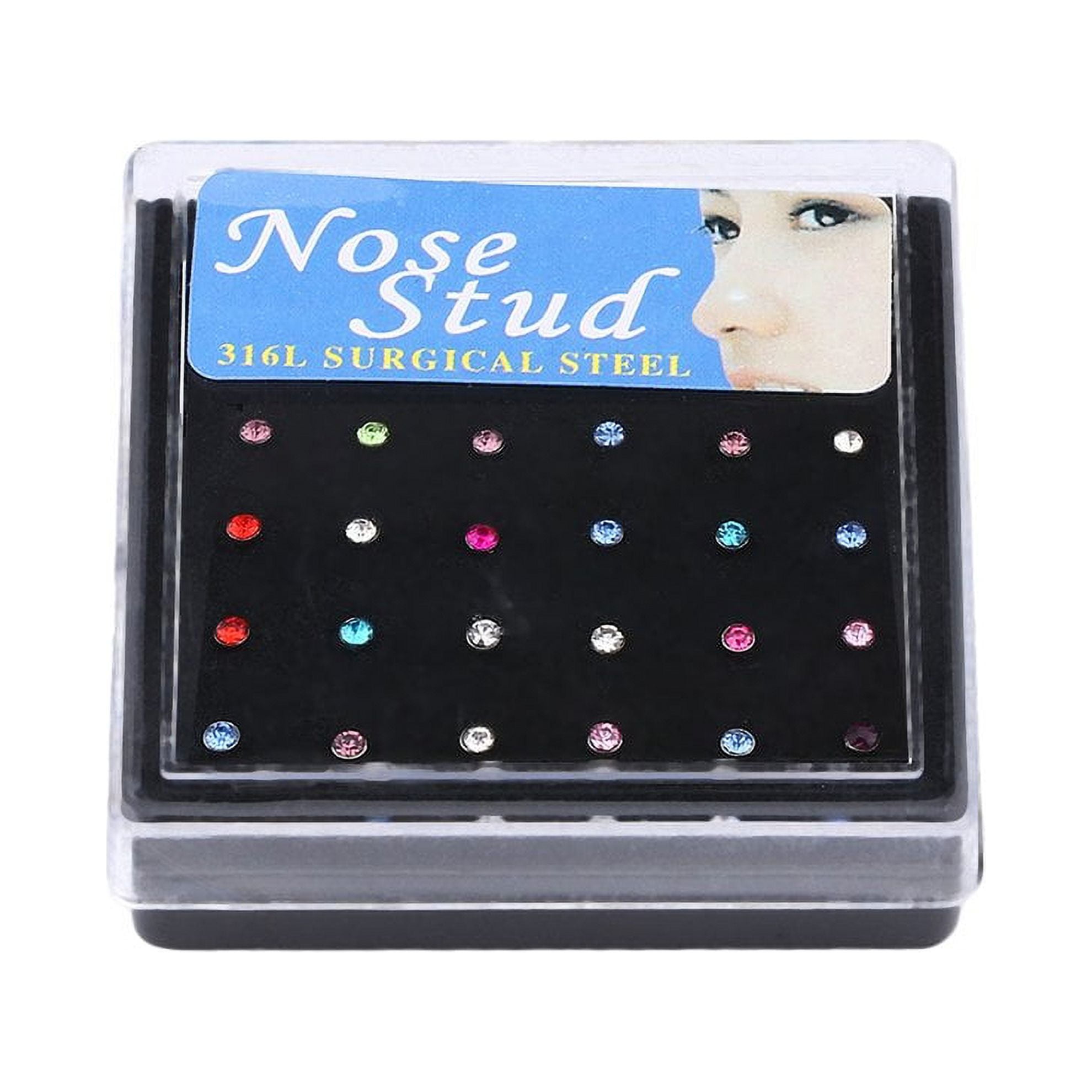 Top Deals 24pcs/box Stainless Steel Rhinestone Colorful Piercing Nose Studs Straight Pins Bars