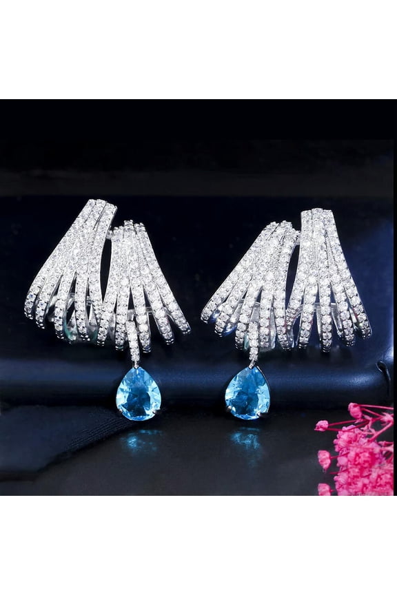Top Double Claws Silver Plated Drop Earrings Cubic Zircon Light Blue CZ Jewelry