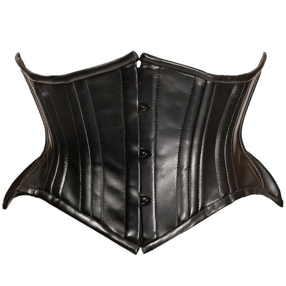Top Drawer Black Faux Leather Double Steel Boned Curvy Cut Waist Cincher