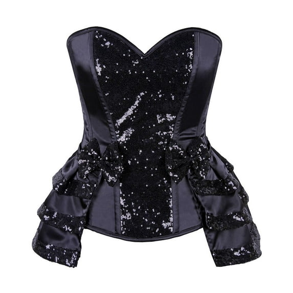 Top Drawer Black Satin & Sequin Steel Boned Corset w/Removable Snap Skirt