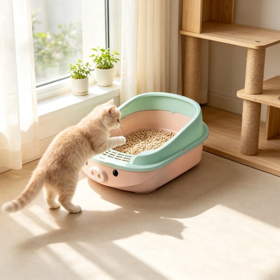 Top Entry Cat Litter Box with High Sides and Litter Scoop, Anti-Spill Large Capacity Covered Pan for Odor Control, Suitable for Large or Obese Cats, Pink