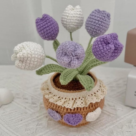 Handmade Crochet Tulip Bouquet Potted Plants, Knitted Artificial Forever Flowers with Exquisite Pot, Gift to Friends Women Kids, for Mother's Day Home Decorations, Office Desk (Purple)