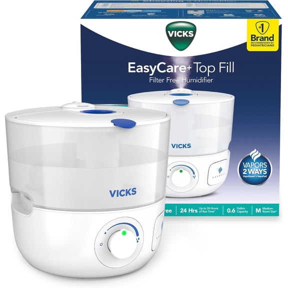 Top Fill Filter-Free Cool Mist Humidifier for Small Rooms With Vapor Pad and Vapor Steam Compatibility