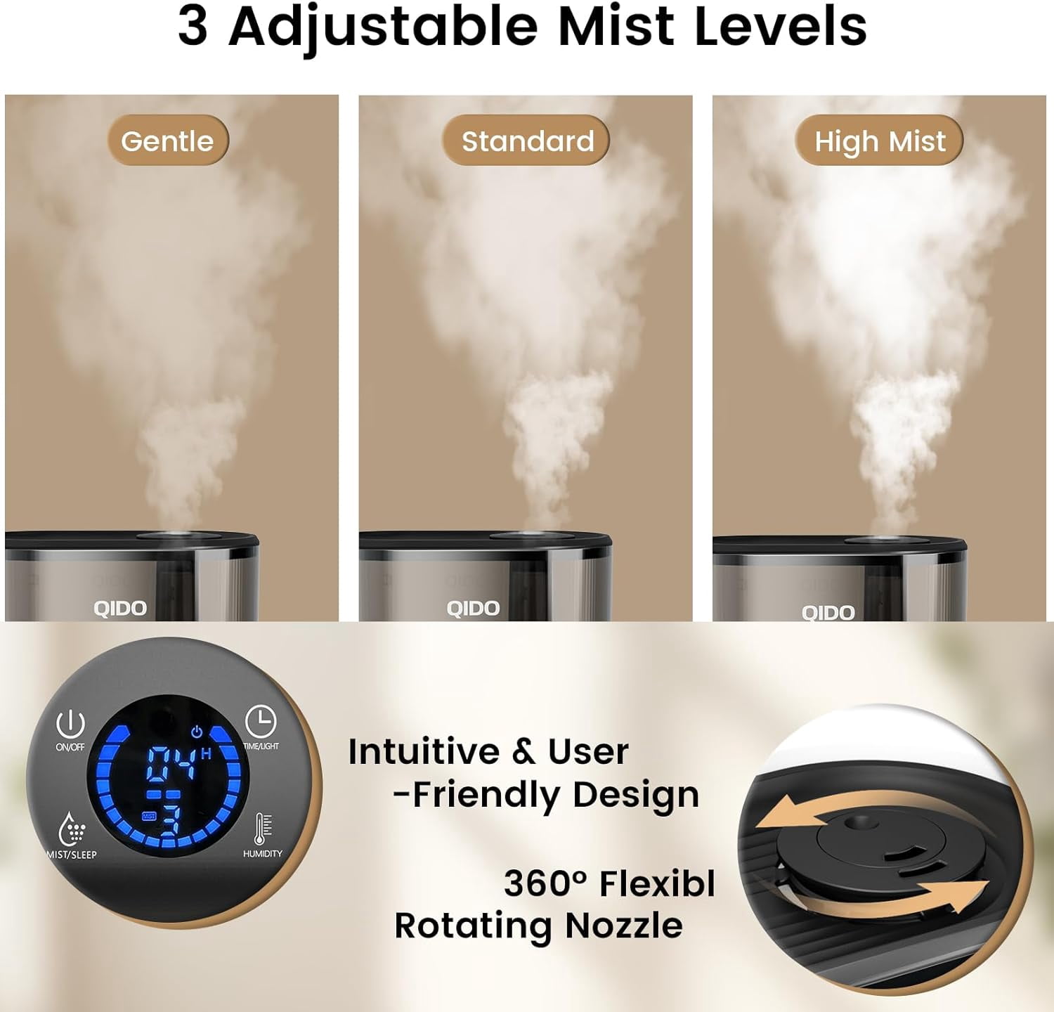 Top Fill Humidifiers for Bedroom, 5 L Cool Mist 36H Super Long Time, Quiet 28dB Essential Oil Diffuser for Baby & Plants, 3 adjustable Mist with Touch/APP/7-color Nightlight, Auto Shut-off, Black