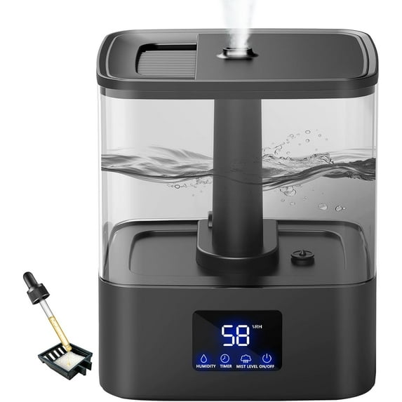 Top Fill Humidifiers for Bedroom & 60H Runtime - Cool Mist Humidifier, 3 Mist Levels, 8H Timer, Essential Oil Tray, Humidity Display, Quiet for Bedroom, Baby, Plants, Large Room (Black, 6L)
