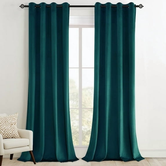 Top Finel 100% Blackout Luxury Velvet Grommet Curtains, 52 x 108 Inch, 2 Panels, Teal Green