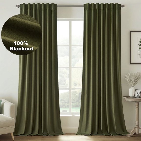 Top Finel Green Linen 100% Blackout Pleated Window Shades, 52" x 90"