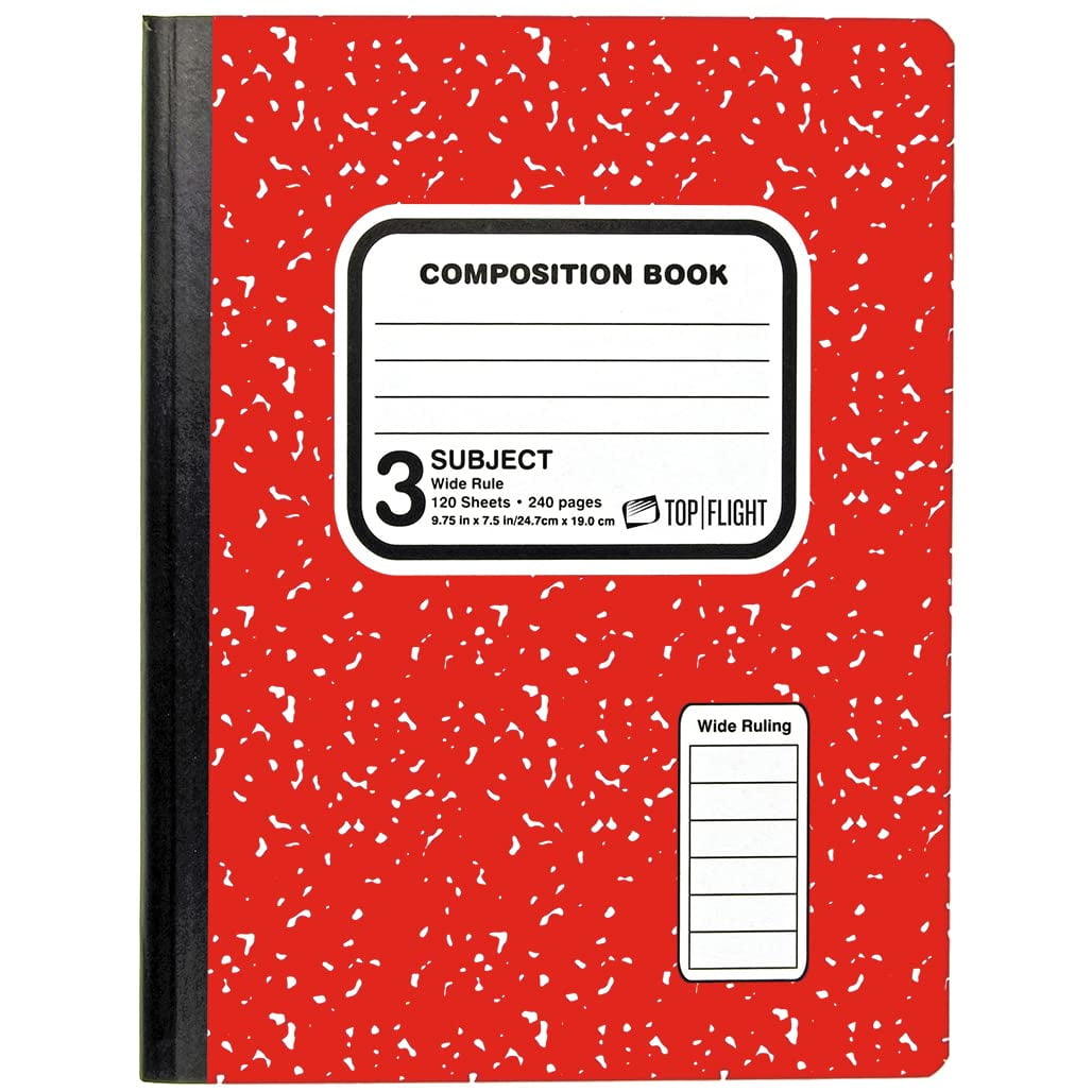 Top Flight 3-Subject Colored Marble Composition Book, 120 Sheets, Wide Rule, 9.75 x 7.5 Inches, 1 Book, Cover Color May Vary (43200)