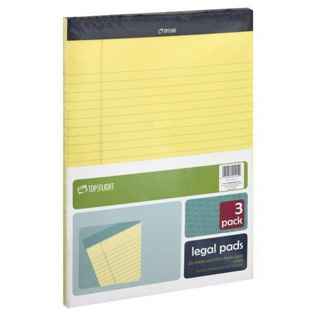 Top Flight Legal Pad, 8.5 x 11.75 Inches, 0.375 Inch Rule, Canary, 50 Sheets per Pad, 3 Pads per Pack (4513108)