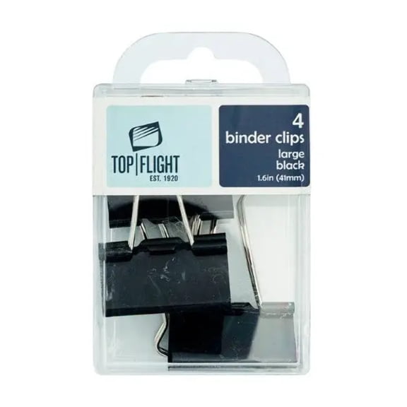 Top Flight Large Binder Clips, 4pcs, Black