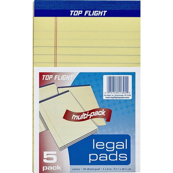 Top Flight Legal Pads, 5 x 8 Inches, 0.375 Inch Rule, Canary, 50 Sheets per Pad, 5 Pads per Pack (4513105)
