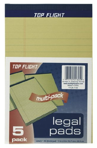 Top Flight Legal Pads, 5 x 8 Inches, 0.375 Inch Rule, Canary, 50 Sheets per Pad, 5 Pads per Pack (4513105)