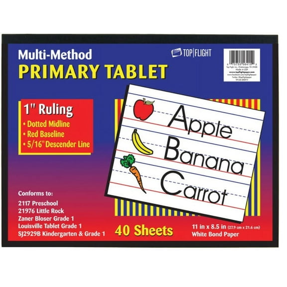 Top Flight Multi-Method 1st Grade Primary Tablet, 1 Inch Ruling, Bond Paper, 11 x 8.5 Inches, 40 Sheets