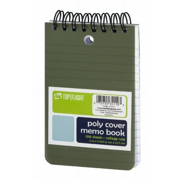 Top Flight Poly Cover Memo Book 3x5 in Top Wire Color Will Vary (Pack of 5)